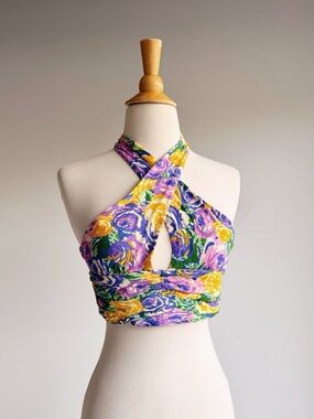 Zara Floral Halter Top Large Smocked Back Viscose Crop Boho Bright Print